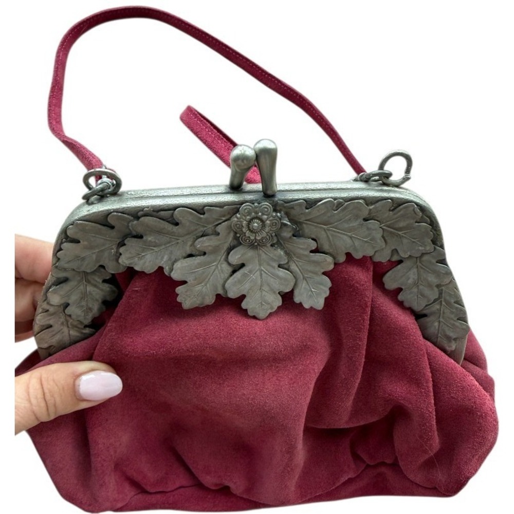 Burgundy Suede Kiss Lock Shoulder Bag Leaf Frame Romantic Whimsigoth Handbag